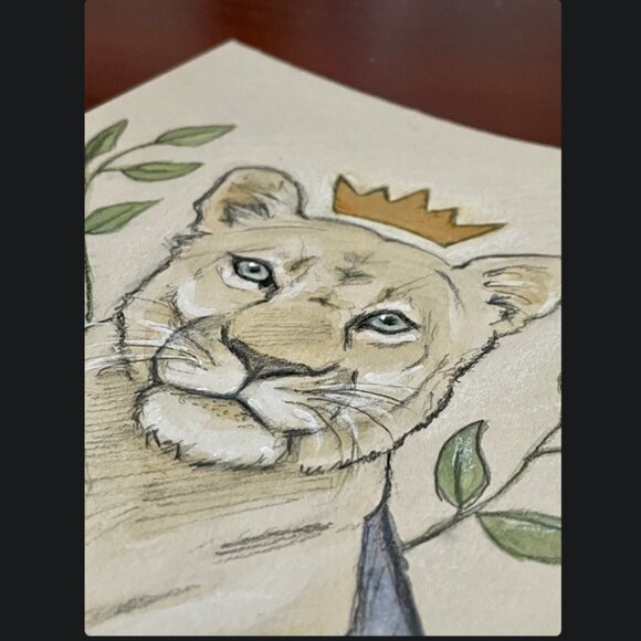Queen Lioness 6x8 Original Watercolor Mixed Media Artwork kids room fantasy art - Picture 3 of 3
